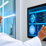 A professional, diverse individual, fully clothed in a modest business casual outfit, interacts with a holographic display showcasing personalized health data and genomic sequences. The individual maintains a natural pose, perfect anatomy, correct proportions, and well-formed hands. In the background, a sleek, modern medical environment features transparent screens displaying AI-powered diagnostics and data streams from wearable devices. The scene conveys a sense of empowerment and advanced personalized healthcare. Professional photography, high quality, appropriate content, safe for work, family-friendly.
