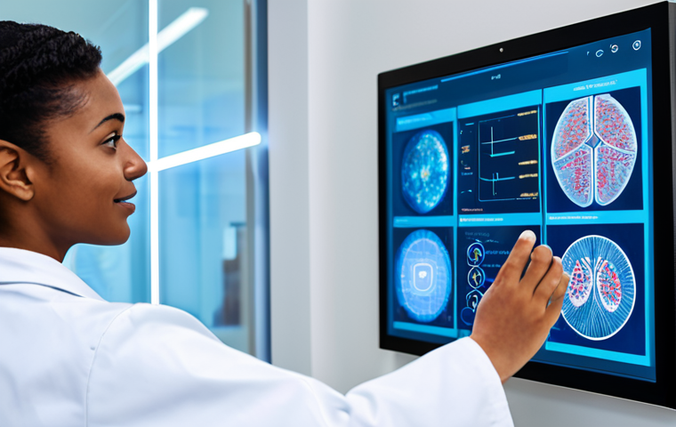 A professional, diverse individual, fully clothed in a modest business casual outfit, interacts with a holographic display showcasing personalized health data and genomic sequences. The individual maintains a natural pose, perfect anatomy, correct proportions, and well-formed hands. In the background, a sleek, modern medical environment features transparent screens displaying AI-powered diagnostics and data streams from wearable devices. The scene conveys a sense of empowerment and advanced personalized healthcare. Professional photography, high quality, appropriate content, safe for work, family-friendly.