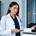 A professional female doctor in a modest, fully buttoned lab coat over business attire, standing confidently in a sleek, modern digital health clinic. She interacts with a transparent holographic display showing real-time patient vital signs from a smartwatch and an AI diagnostic interface. A tablet with patient records rests on a nearby desk. The clinic has soft, futuristic lighting. perfect anatomy, correct proportions, natural pose, well-formed hands, proper finger count, natural body proportions, professional photography, high quality, highly detailed, realistic, safe for work, appropriate content, fully clothed, modest, family-friendly.