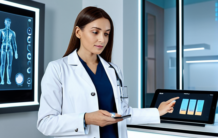 A professional female doctor in a modest, fully buttoned lab coat over business attire, standing confidently in a sleek, modern digital health clinic. She interacts with a transparent holographic display showing real-time patient vital signs from a smartwatch and an AI diagnostic interface. A tablet with patient records rests on a nearby desk. The clinic has soft, futuristic lighting. perfect anatomy, correct proportions, natural pose, well-formed hands, proper finger count, natural body proportions, professional photography, high quality, highly detailed, realistic, safe for work, appropriate content, fully clothed, modest, family-friendly.