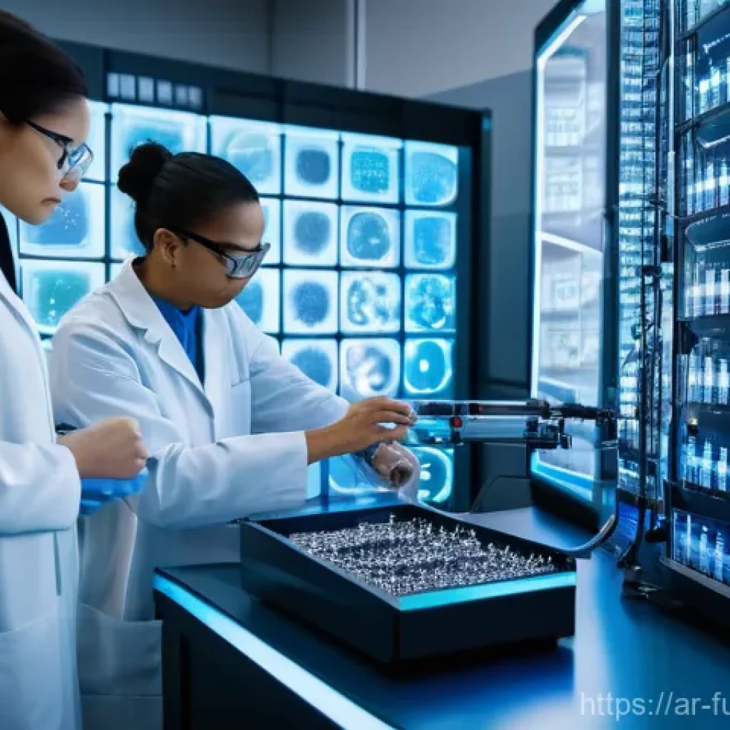 바이오테크와 임상 적용 사례 연구 - **"A group of diverse scientists, wearing clean lab coats, are gathered around a large holographic d...