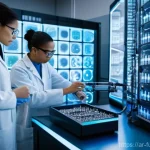 바이오테크와 임상 적용 사례 연구 - **"A group of diverse scientists, wearing clean lab coats, are gathered around a large holographic d...