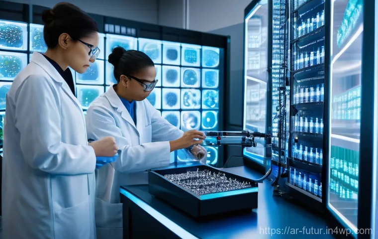 바이오테크와 임상 적용 사례 연구 - **"A group of diverse scientists, wearing clean lab coats, are gathered around a large holographic d...