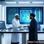 바이오테크 분야에서의 연구 개발 동향 - A modern biotechnology laboratory scene set in a Middle Eastern research center, featuring diverse A...