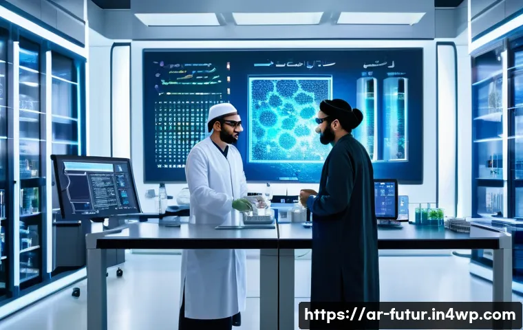 바이오테크 분야에서의 연구 개발 동향 - A modern biotechnology laboratory scene set in a Middle Eastern research center, featuring diverse A...