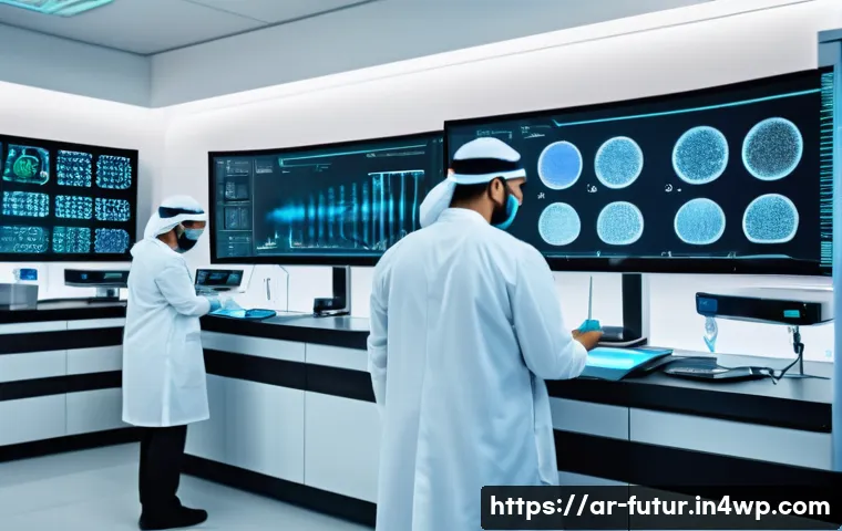 바이오테크의 미래 개인 맞춤형 헬스케어 - A futuristic medical laboratory in a modern Middle Eastern hospital, showcasing advanced gene therap...
