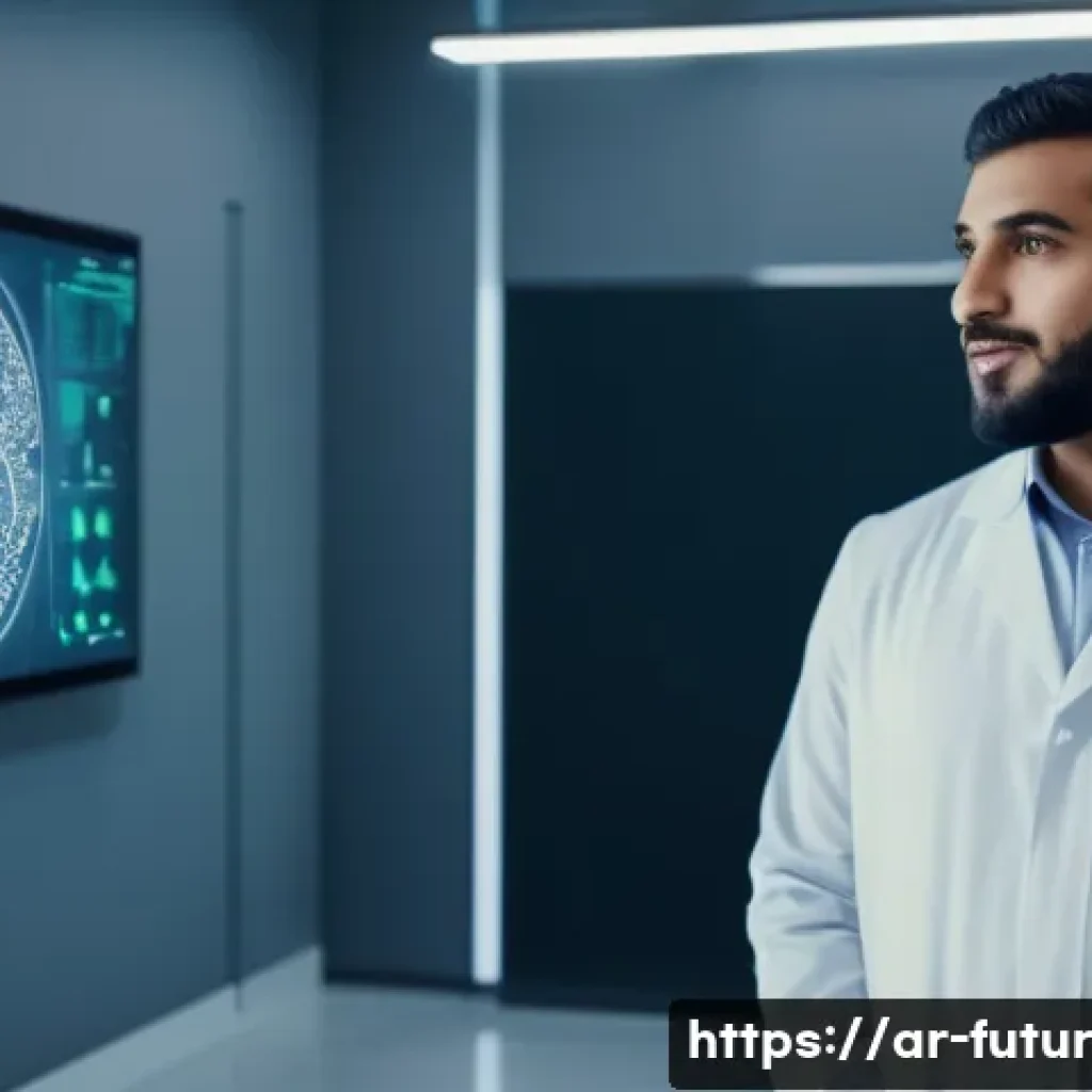바이오테크와 헬스케어 분야의 비즈니스 모델 - A modern digital healthcare clinic in a Middle Eastern urban setting, featuring an Arab male doctor ...