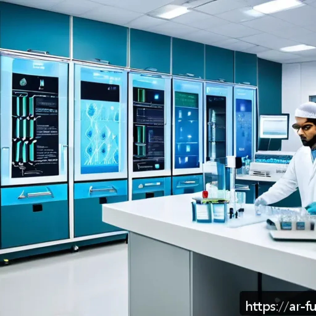 바이오테크와 지속 가능한 헬스케어 모델 - A modern Middle Eastern hospital laboratory scene showcasing advanced molecular diagnostic tools ana...