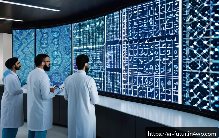 바이오테크 기술이 건강 관리에 미치는 영향 - A detailed laboratory scene in a modern Middle Eastern medical research center, showing a diverse te...