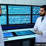 Home 19 바이오테크의 최신 연구 결과와 의의 - A detailed, vibrant scene depicting a Middle Eastern biotechnology laboratory focused on gene editin...