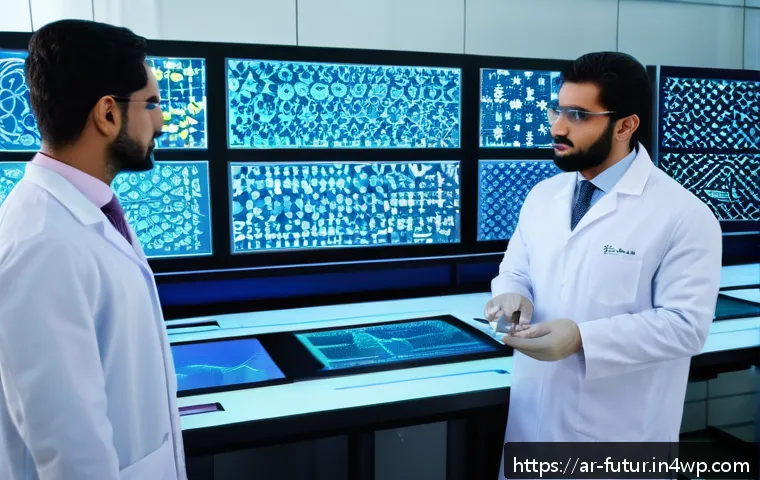 바이오테크의 최신 연구 결과와 의의 - A detailed, vibrant scene depicting a Middle Eastern biotechnology laboratory focused on gene editin...