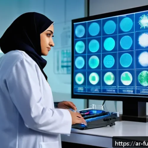 Home 17 바이오테크의 혁신이 가져올 의료 패러다임 변화 - A high-tech biotechnology laboratory in a modern Middle Eastern city setting, showcasing smart genet...