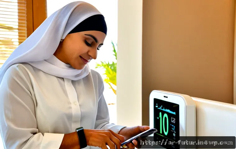 Home 17 바이오테크와 건강 모니터링 기술의 발전 - Photorealistic biotechnology health monitoring scene in a modern Gulf Arab home, a middle-aged Arab ...
