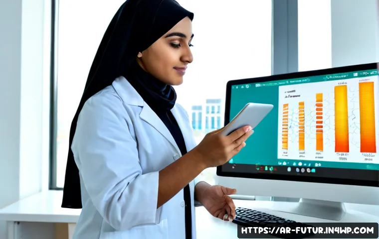유전자 검사와 바이오테크의 융합 사례 - Photorealistic modern biotechnology laboratory in a Gulf Arab city, an Arab female geneticist wearin...